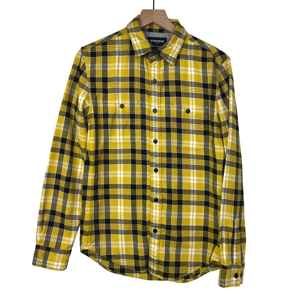 BONOBOS Men's Slim Fit Yellow Black White Plaid Long Sleeve Button Up Small